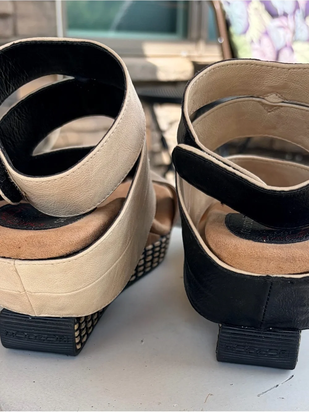 Women’s Modzori Black and Tan Reversible Cutout Wedge Sandals